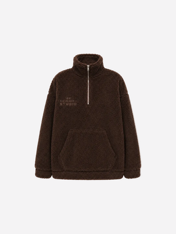 Brown Oversized Teddy Quarter Zip Sweater – Fluffy Cozy Pullover