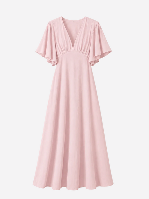 V Neck Flare Sleeve Midi Dress Pastel Pink