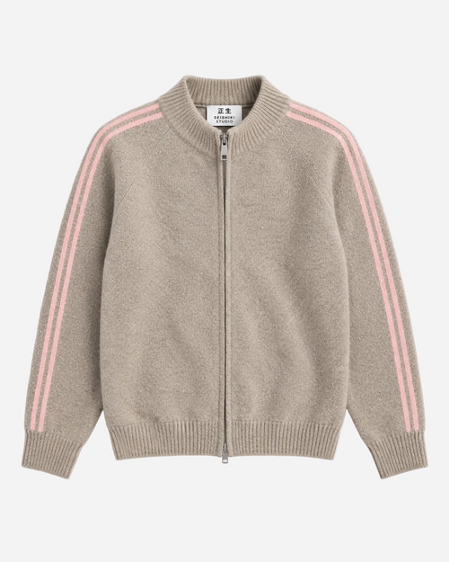 Retro Striped Knit Zip-Up Beige