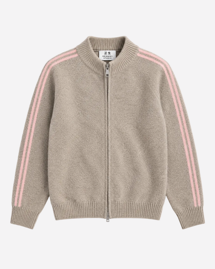 Retro Striped Knit Zip-Up Beige | SEISHIKI STUDIO