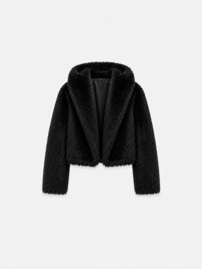 Fluffy Short Faux Fur Jacket with Hood Black | SEISHIKI STUDIO