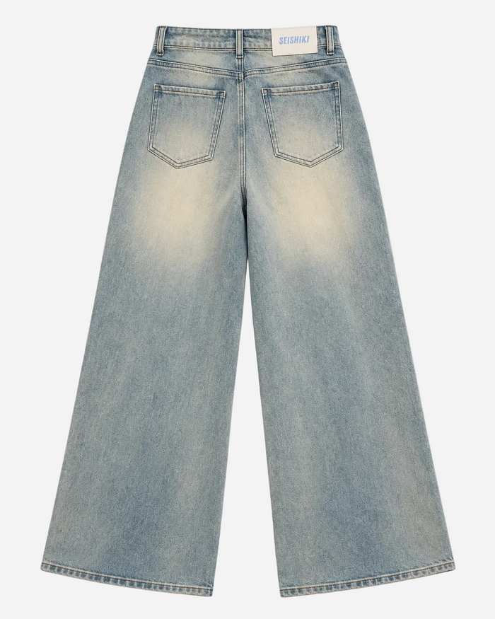 Inseam 80cm – #001 Curvetech - The Stretchy High Waist Super Baggy Jeans - Cream Wash – Curvy Fit | SEISHIKI STUDIO