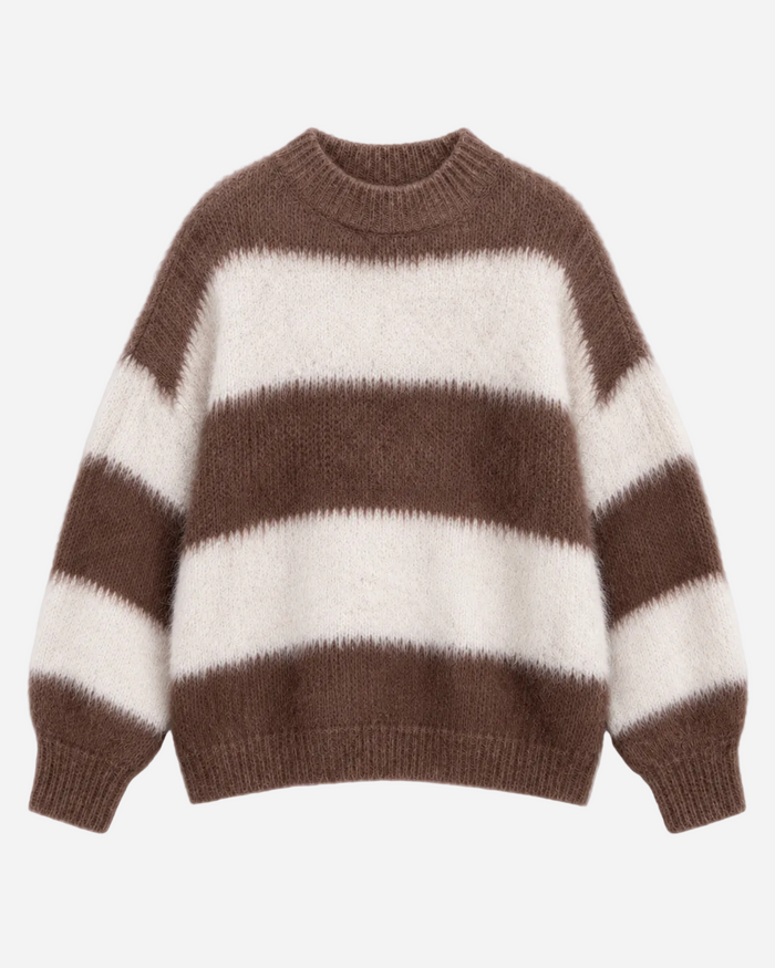 Fluffy Striped Sweater Taupe and White | SEISHIKI STUDIO