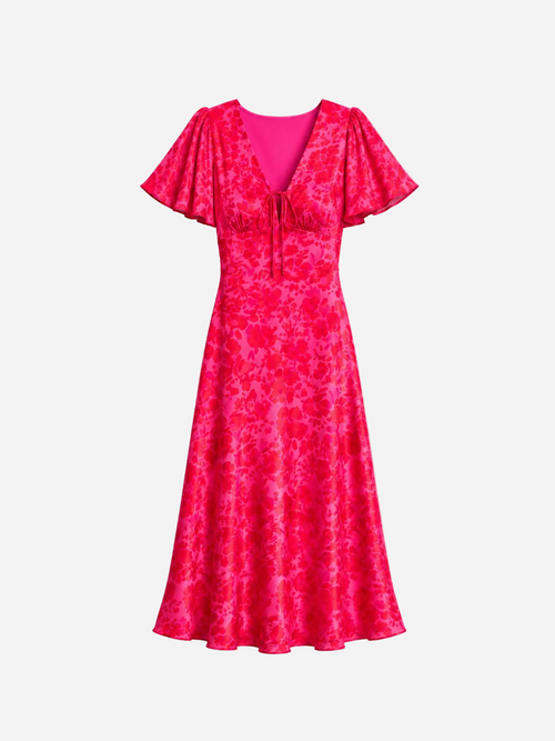 V Neck Flare Sleeve Floral Midi Dress Bright Pink