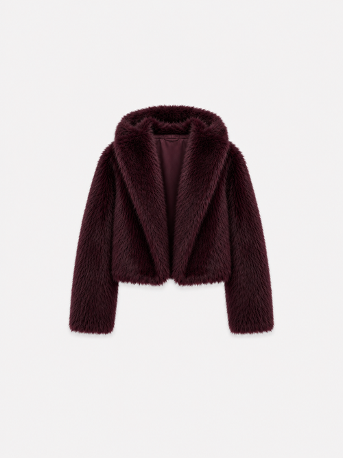 Fluffy Short Faux Fur Jacket with Hood Wine