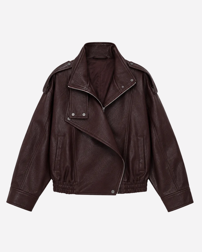 Oversized High Neck Faux Leather Jacket with Asymmetric Flap Detail Burgundy | SEISHIKI STUDIO