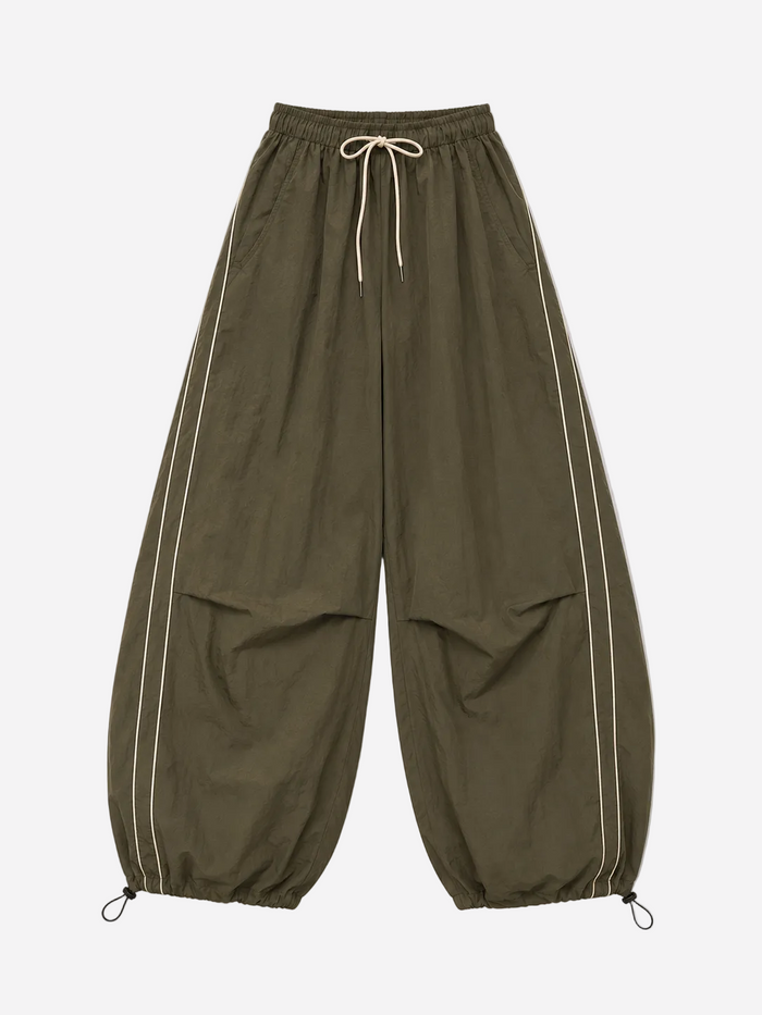 Wide Leg Contrast Piping Drawstring Track Pants Green | SEISHIKI STUDIO