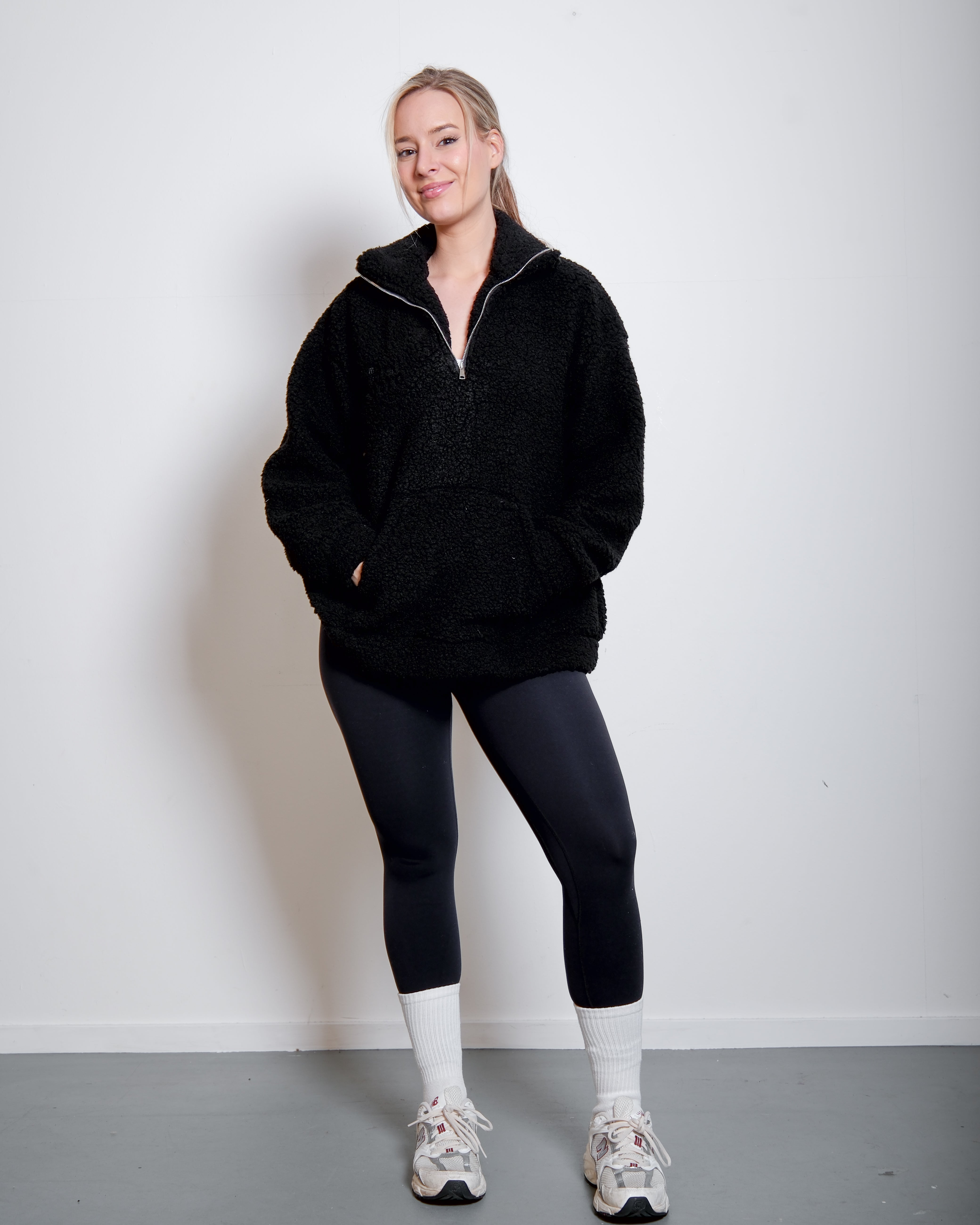 Black Oversized Teddy Quarter Zip Sweater – Fluffy Cozy Pullover