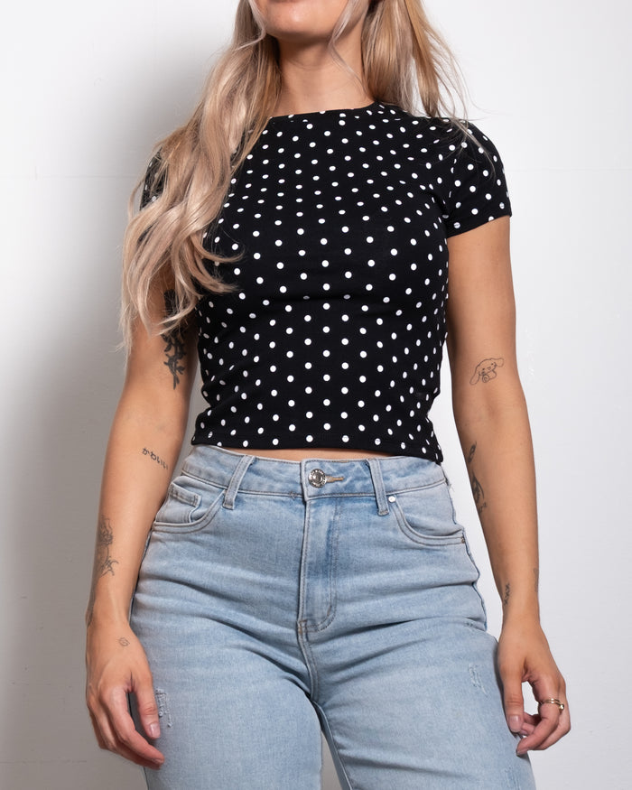 Polkadot Stretchy Shortsleeve Top Black | SEISHIKI STUDIO