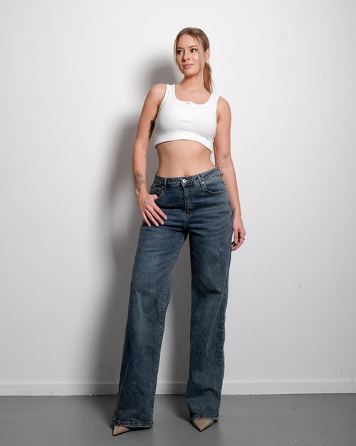 Inseam 82cm – Dirty Dark Wash Wide Leg Jeans with Shading and Pink Patch – Curvy Fit