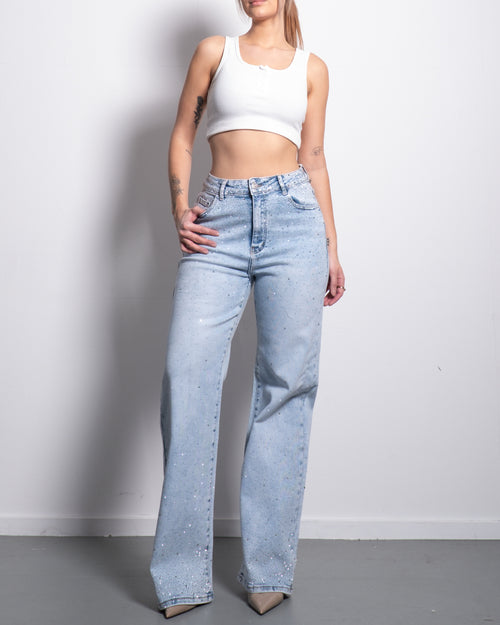 Inseam 80cm – Stretchy Bootcut Light Wash Jeans with Dark Shading and Sparkles – Curvy Fit