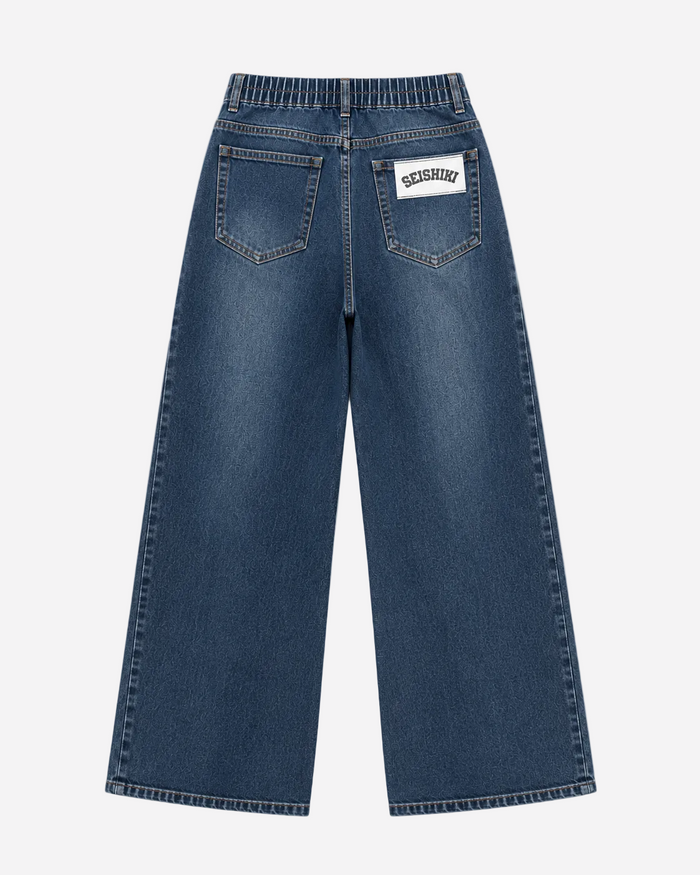 Inseam 78cm – Medium Wash Wide Leg Jeans with White Drawstring and College Patch – Curvy Fit | SEISHIKI STUDIO