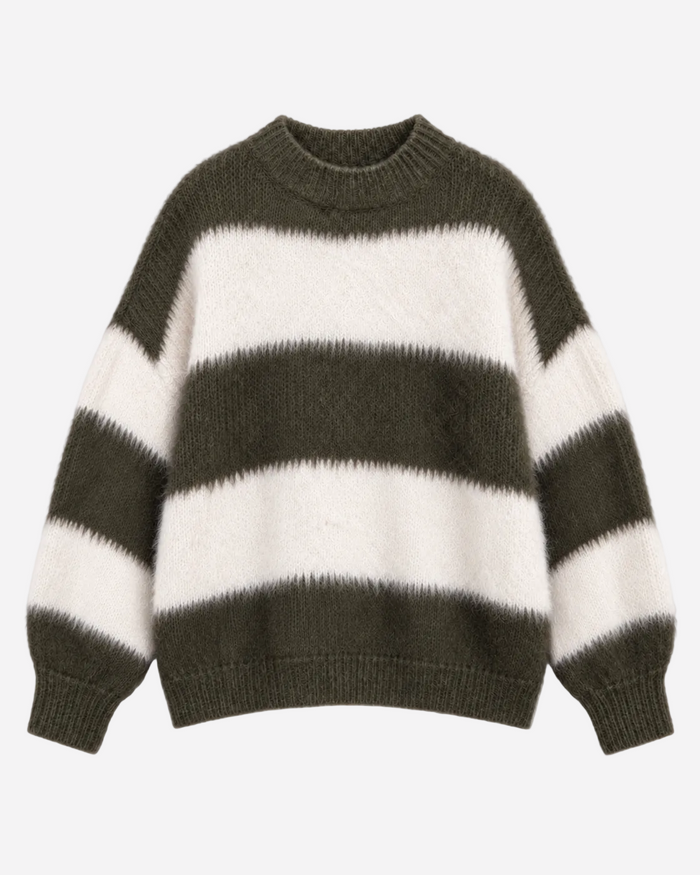 Fluffy Striped Sweater Green and White | SEISHIKI STUDIO