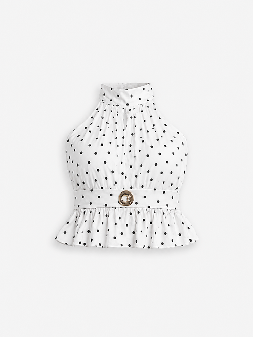 Polkadot High Neck Gold Button Detail Crop Top White