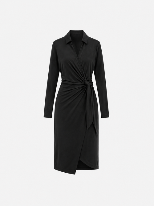Super Stretchy Wrap Dress, Front Tie, Collared Wrap Dress