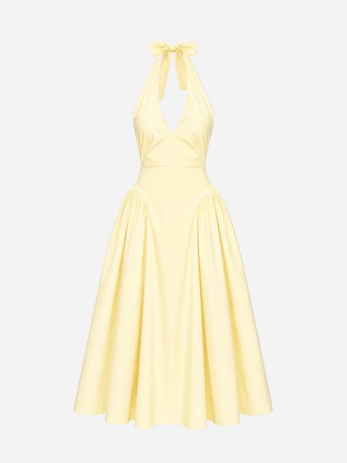 Cotton Halter Stretchy Back Midi Dress Butter Yellow