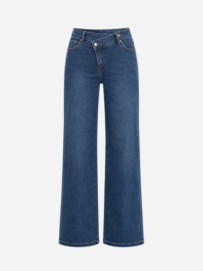 Super Stretchy Dark Blue Wide Leg Jeans with Slanted Button – Curvy Fit – Inseam 81cm | SEISHIKI STUDIO