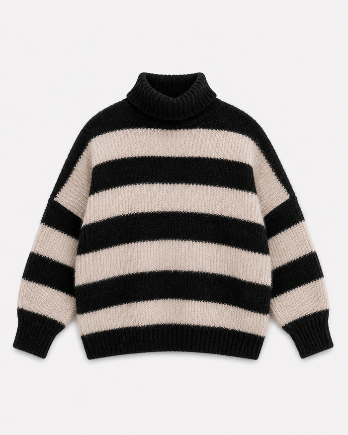 Stretchy High Neck Striped Sweater Black/Beige | SEISHIKI STUDIO