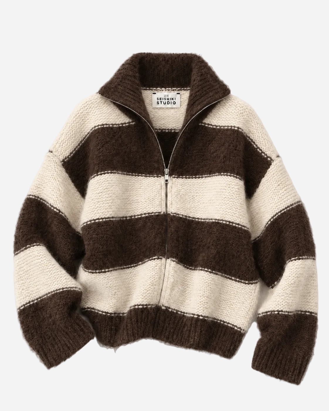 HIGH NECK FLUFFY STRIPED ZIP UP SWEATER BROWN/CREAM | SEISHIKI STUDIO