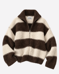 HIGH NECK FLUFFY STRIPED ZIP UP SWEATER BROWN/CREAM | SEISHIKI STUDIO