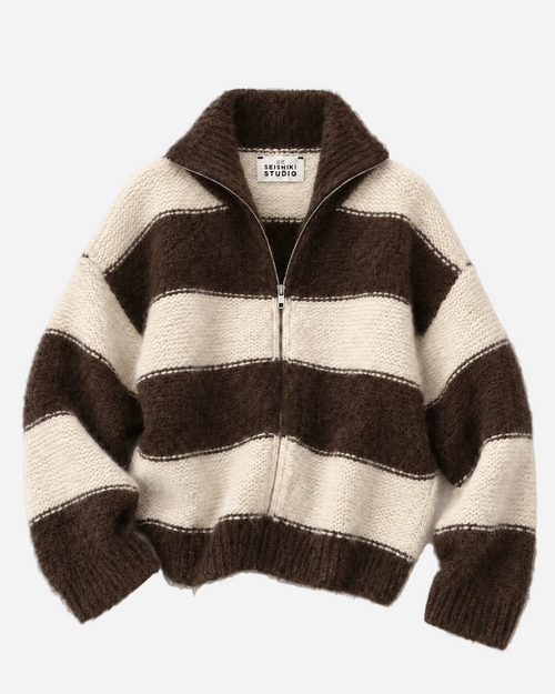 High Neck Fluffy Striped Zip Up Sweater Brown/Cream