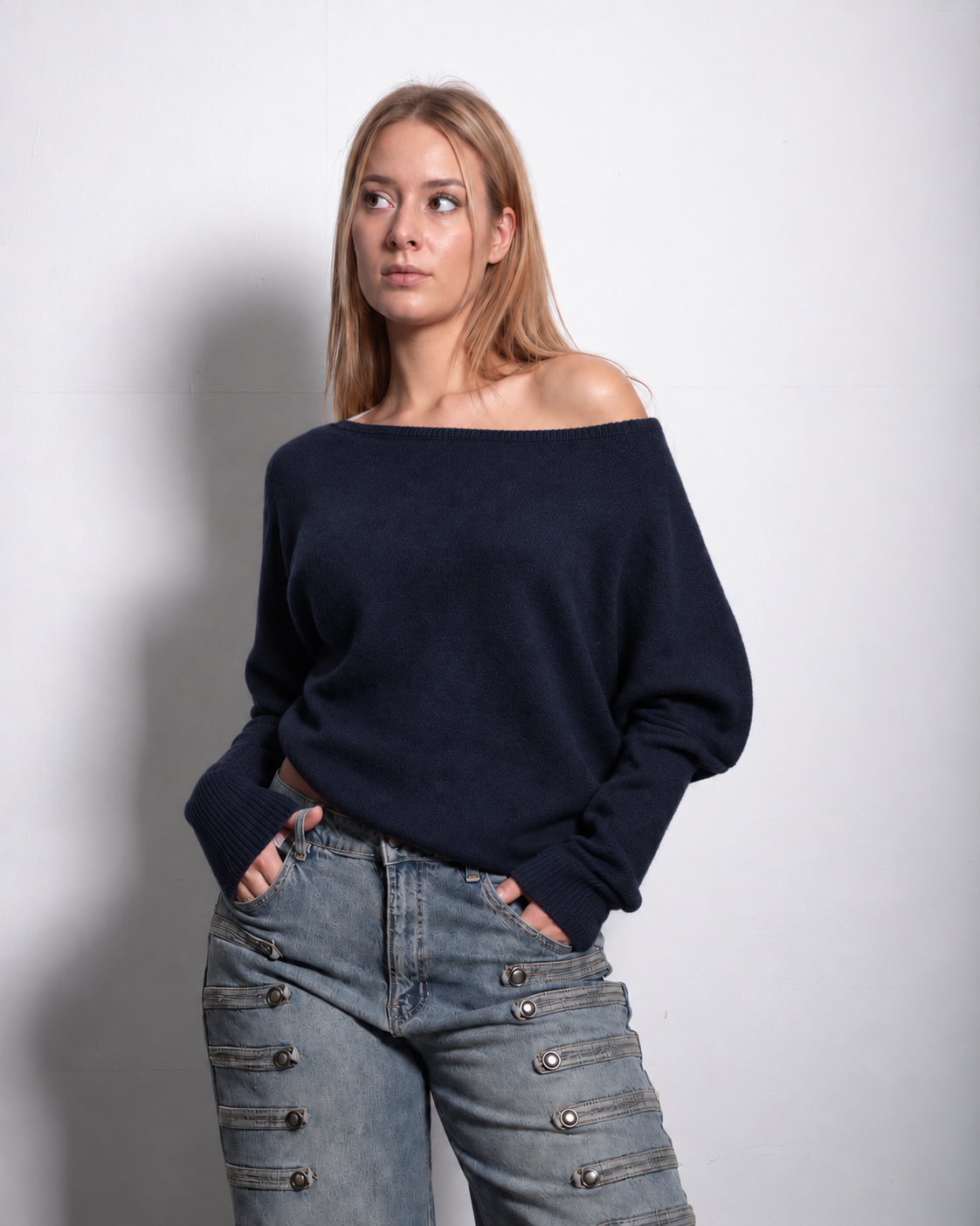 RELAXED FIT WIDE NECK SWEATER NAVY | SEISHIKI STUDIO
