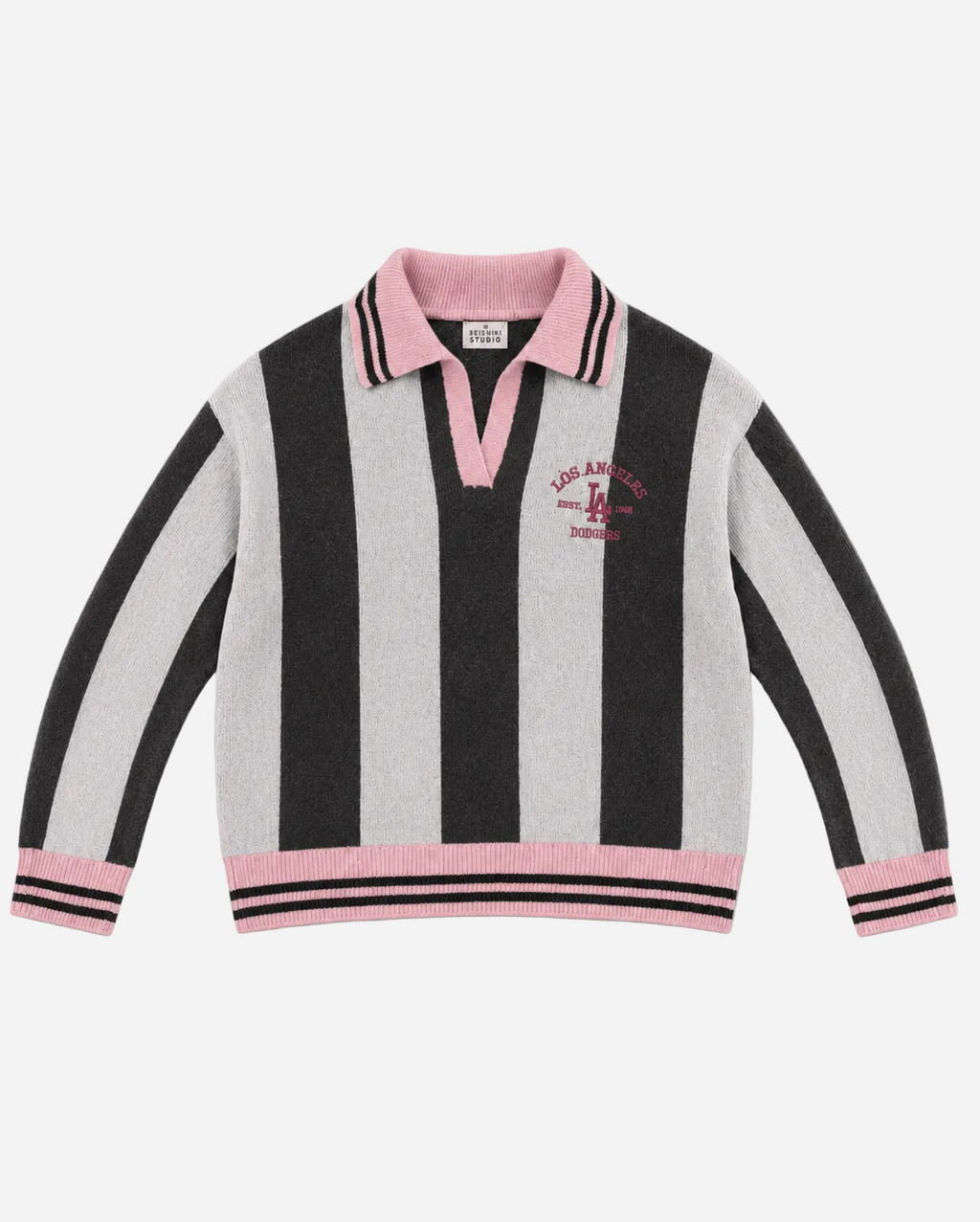 Varsity Stripe Polo Sweater Grey and Pink | SEISHIKI STUDIO