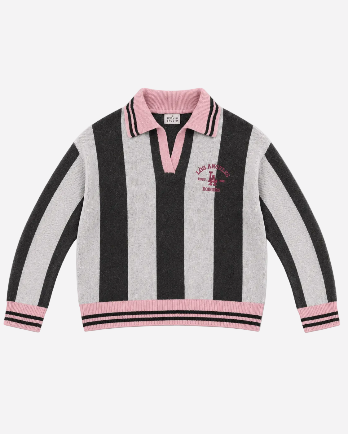 Varsity Stripe Polo Sweater Grey and Pink | SEISHIKI STUDIO