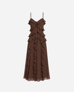 SEISHIKI STUDIO Ruffle Maxi Dress – Layered Detail & Flowy Silhouette Brown
