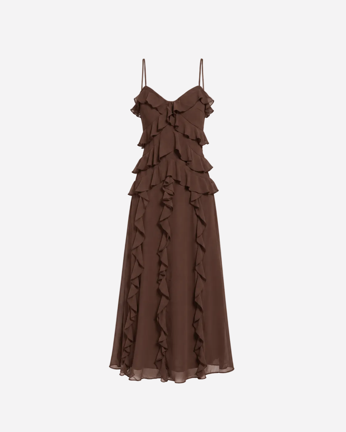 SEISHIKI STUDIO Ruffle Maxi Dress – Layered Detail & Flowy Silhouette Brown