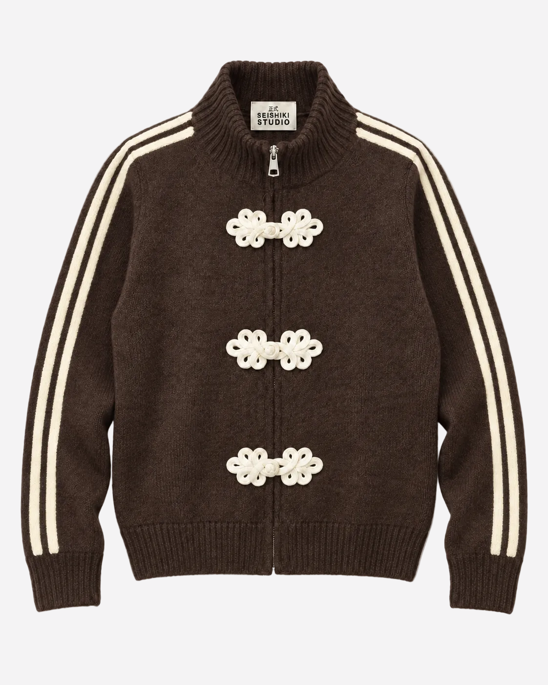 FROG CLOSURE STRIPE KNITTED TRACK JACKET BROWN | SEISHIKI STUDIO