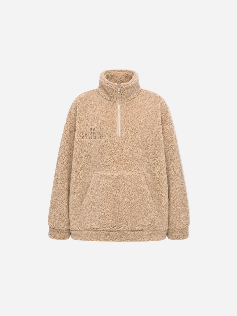 Beige Oversized Teddy Quarter Zip Sweater – Fluffy Cozy Pullover | Seishiki Studio