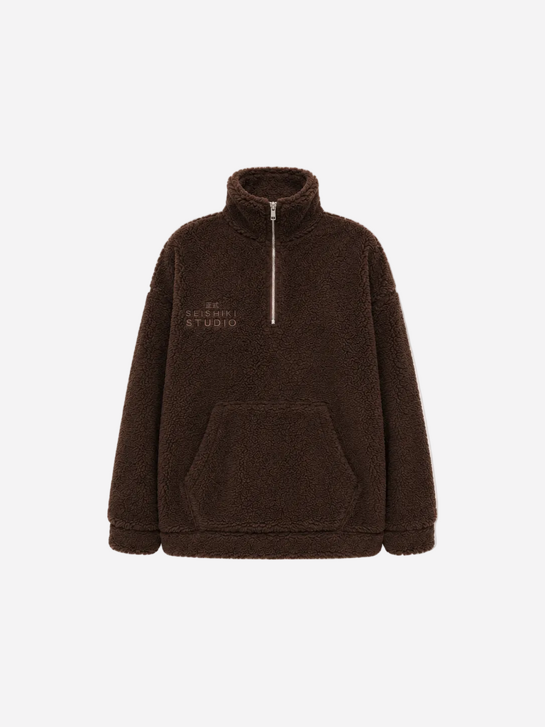 Brown Oversized Teddy Quarter Zip Sweater – Fluffy Cozy Pullover | Seishiki Studio