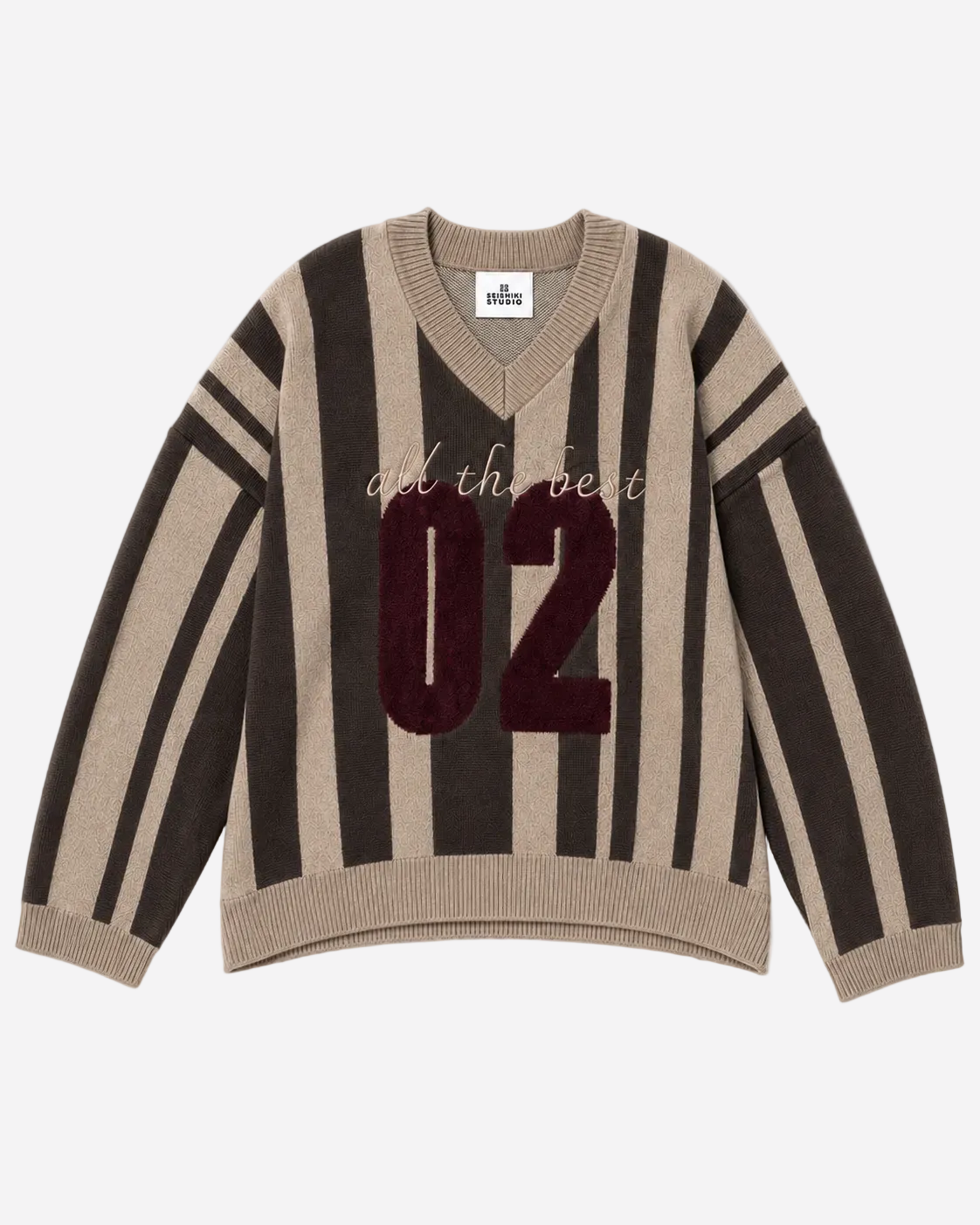 Varsity Stripe V-Neck Sweater Brown/Beige | SEISHIKI STUDIO