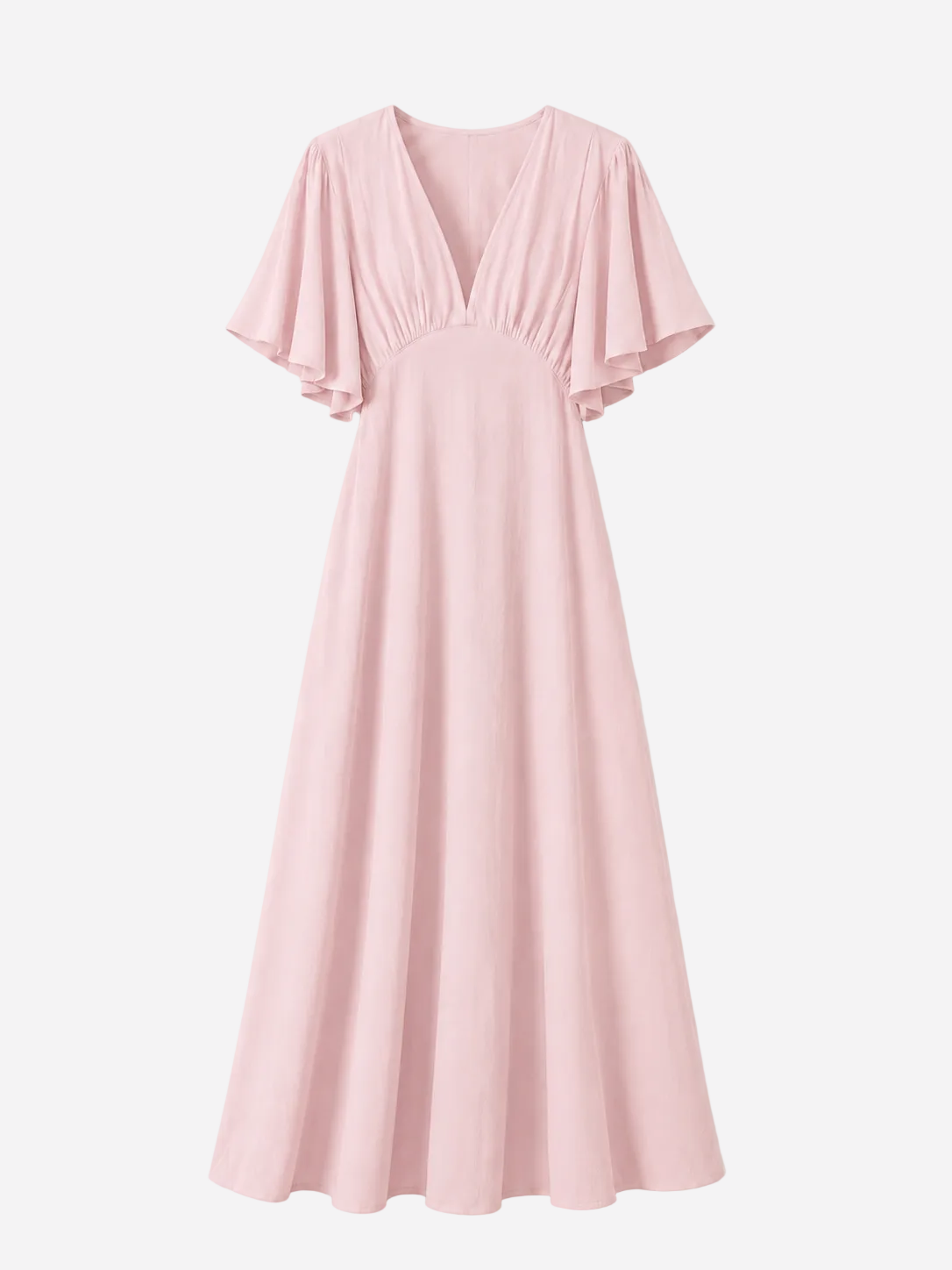 v neck flare sleeve midi dress pastel pink