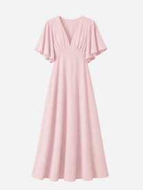 v neck flare sleeve midi dress pastel pink