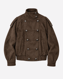 DOUBLE-BREASTED FAUX SUEDE UTILITY BOMBER JACKET BROWN | SEISHIKI STUDIO