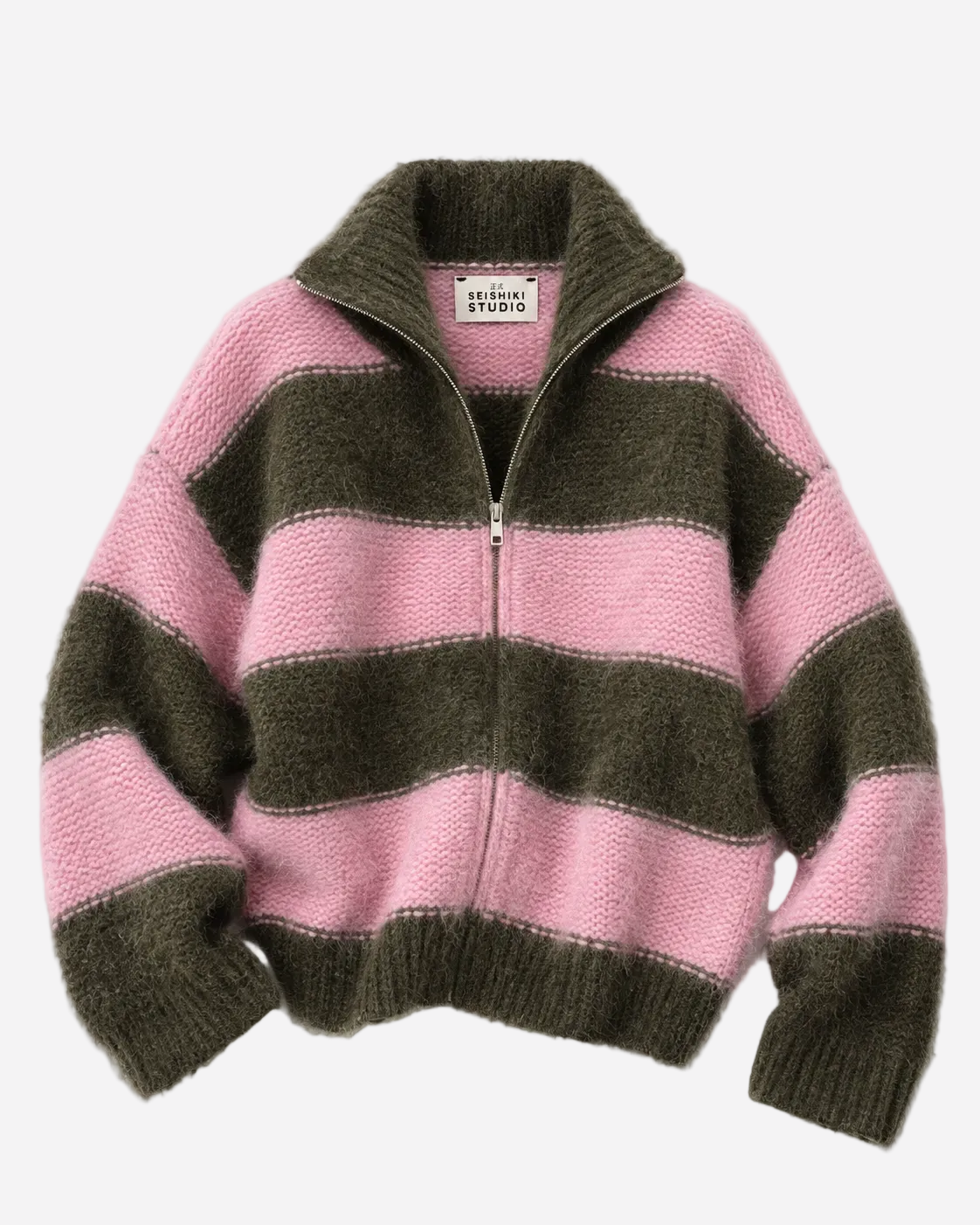 HIGH NECK FLUFFY STRIPED ZIP UP SWEATER PINK/GREEN | SEISHIKI STUDIO