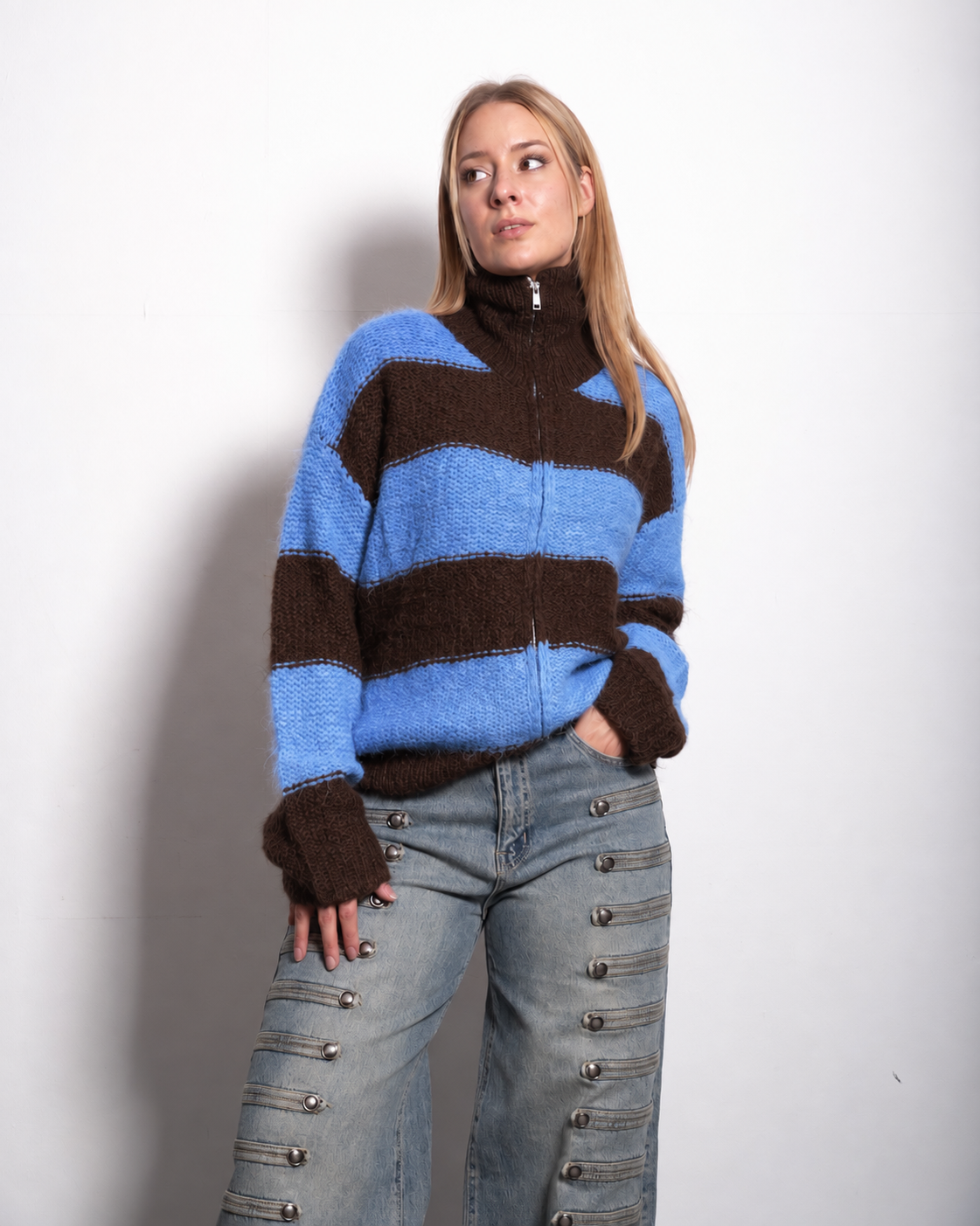 HIGH NECK FLUFFY STRIPED ZIP UP SWEATER BLUE/BROWN | SEISHIKI STUDIO (Copy)