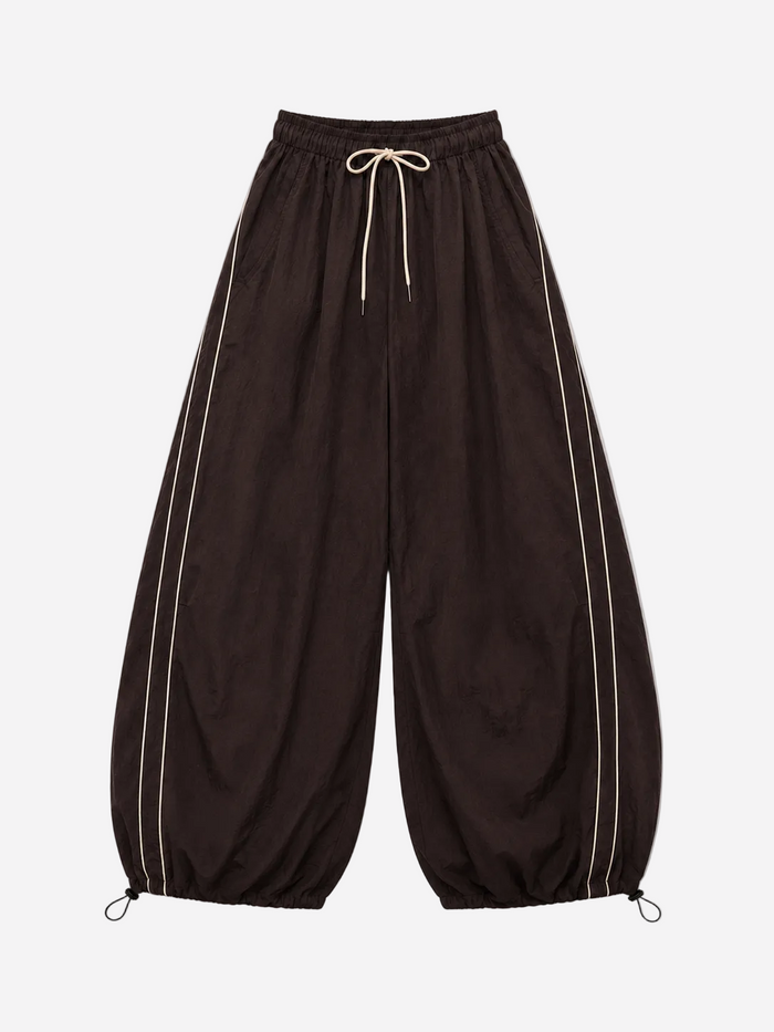Wide Leg Contrast Piping Drawstring Track Pants Brown | SEISHIKI STUDIO