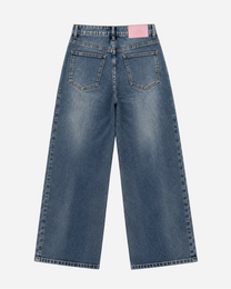 INSEAM 82CM - DIRTY DARK WASH WIDE LEG JEANS WITH SHADING AND PINK PATCH | SEISHIKI STUDIO