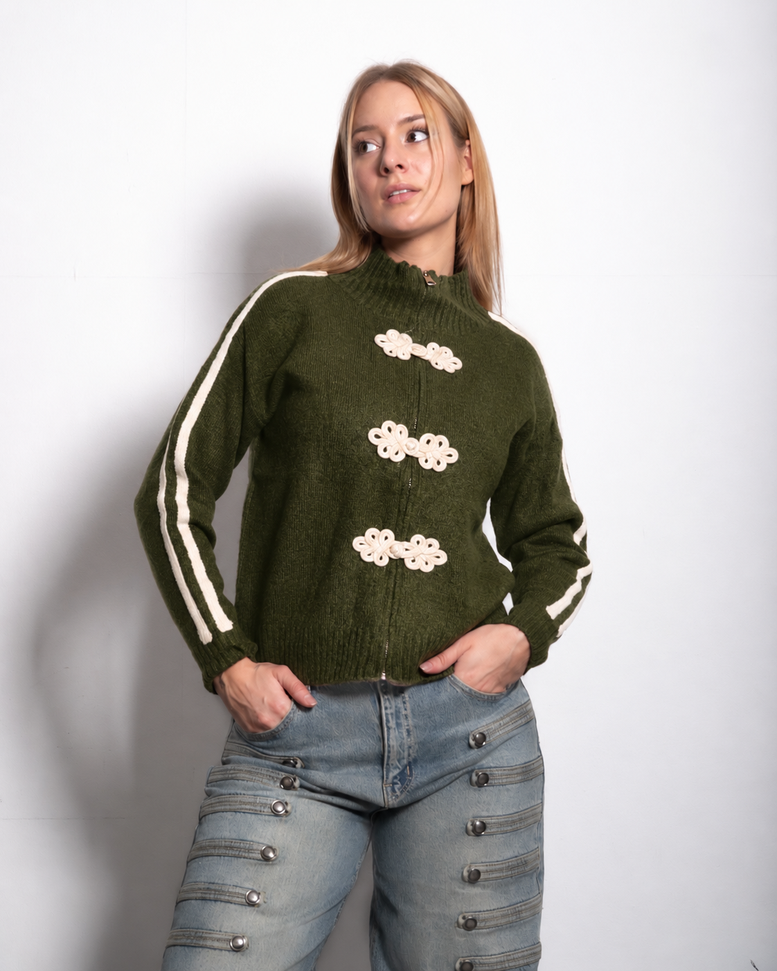 FROG CLOSURE STRIPE KNITTED TRACK JACKET GREEN | SEISHIKI STUDIO