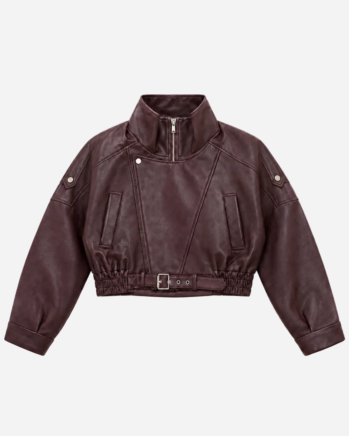 Oversized Cropped Faux Leather High Collar Jacket BURGUNDY | SEISHIKI STUDIO