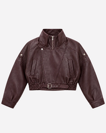 Oversized Cropped Faux Leather High Collar Jacket BURGUNDY | SEISHIKI STUDIO