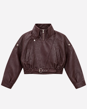 Oversized Cropped Faux Leather High Collar Jacket Burgundy