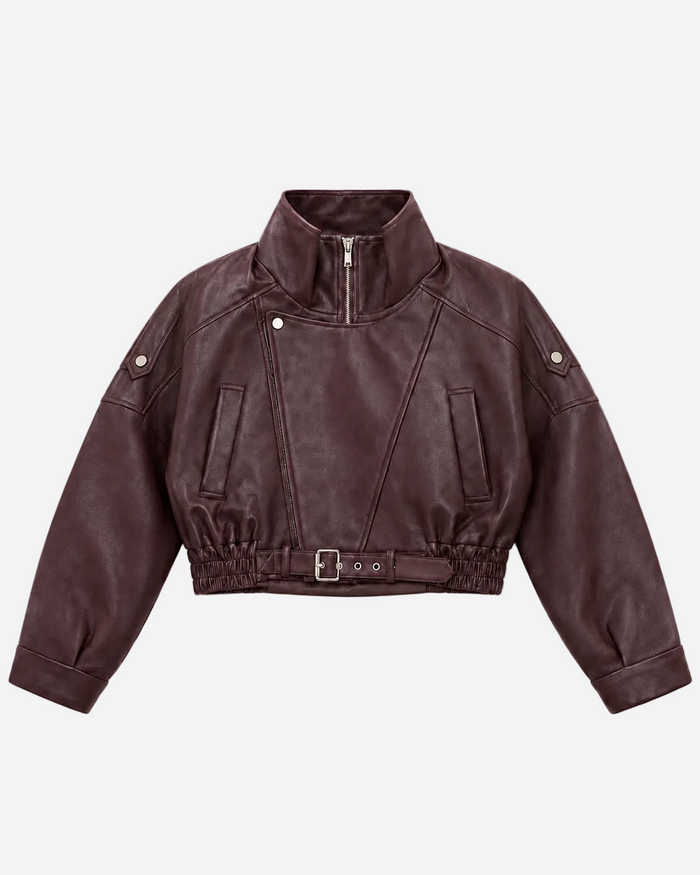 Oversized Cropped Faux Leather High Collar Jacket Burgundy | SEISHIKI STUDIO