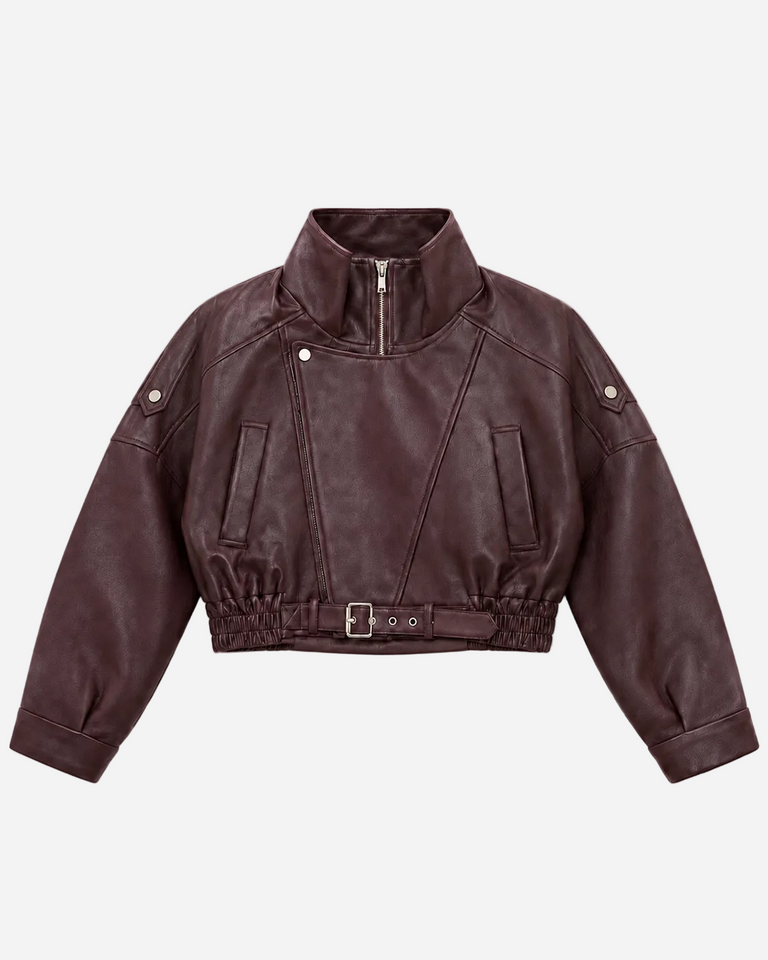 Oversized Cropped Faux Leather High Collar Jacket BURGUNDY | SEISHIKI STUDIO