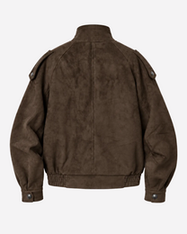 DOUBLE-BREASTED FAUX SUEDE UTILITY BOMBER JACKET BROWN | SEISHIKI STUDIO