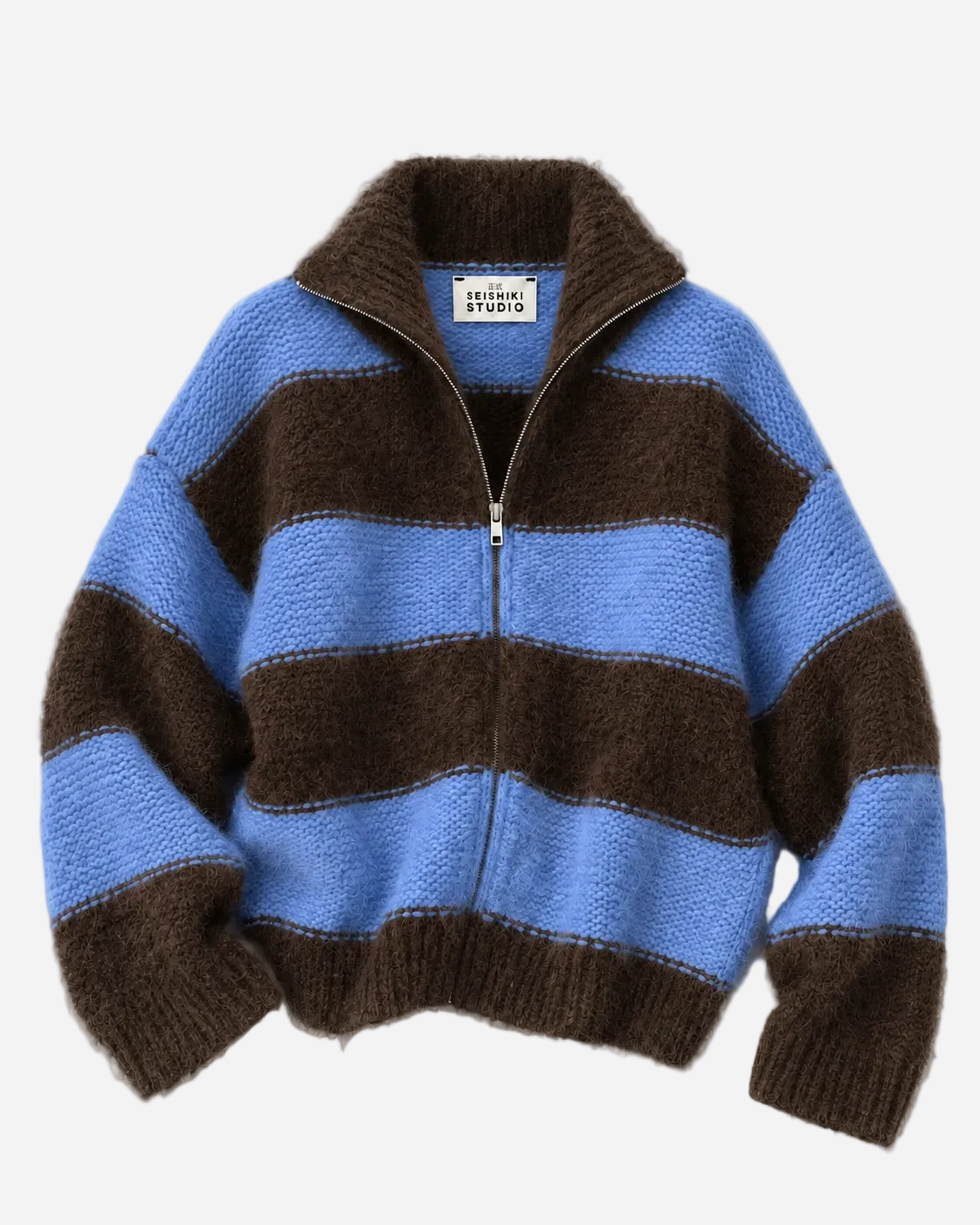 HIGH NECK FLUFFY STRIPED ZIP UP SWEATER BLUE/BROWN | SEISHIKI STUDIO (Copy)