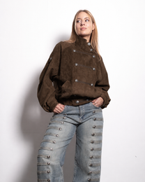 DOUBLE-BREASTED FAUX SUEDE UTILITY BOMBER JACKET BROWN | SEISHIKI STUDIO